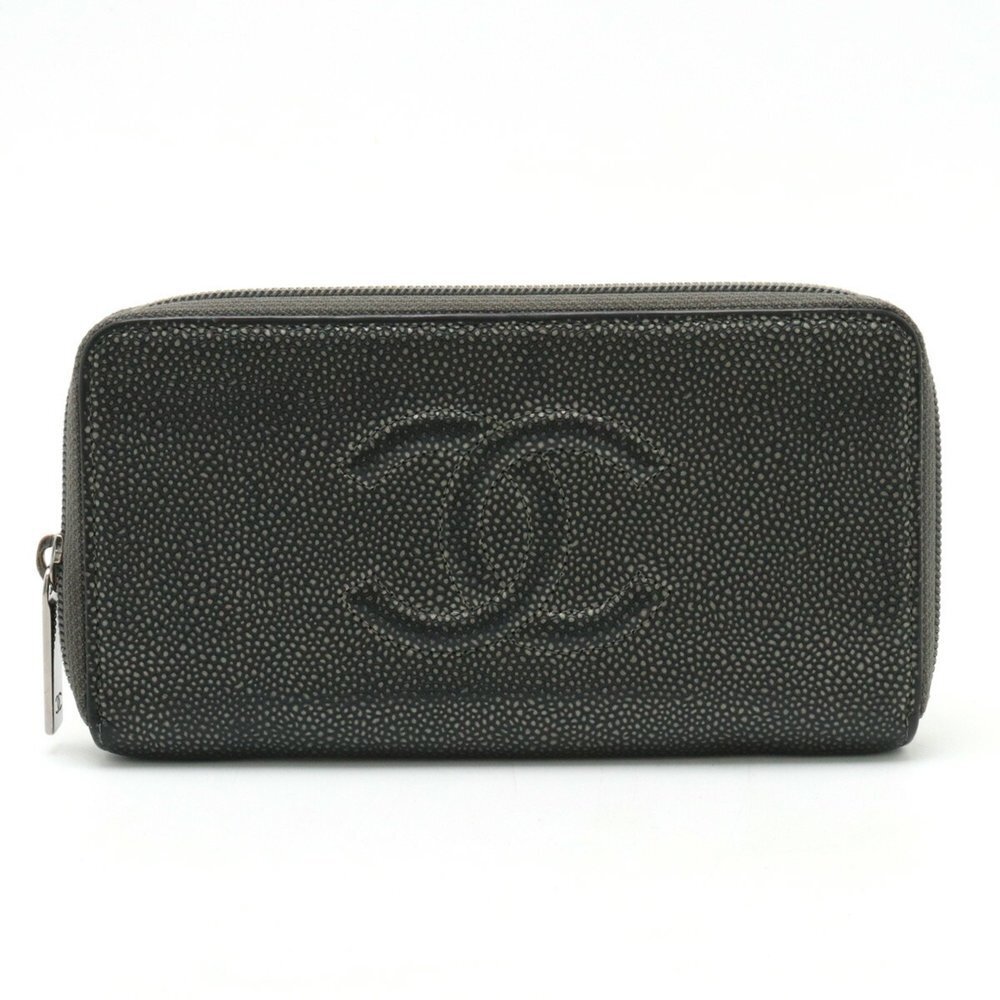 CHANEL Authentic Gray Caviar Leather Logo Wallet